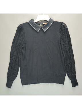 Belldini Black Sweater Collared Studded Sheer Leopard Mesh Long Sleeve Top XS